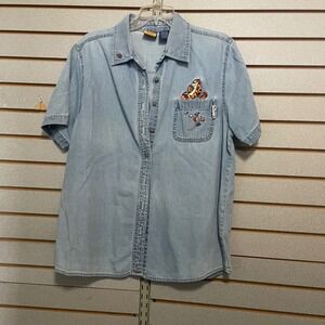 Vintage Pooh Company Denim Shirt Tigger Embroidered Short Sleeve Blue Sz 14W 16W